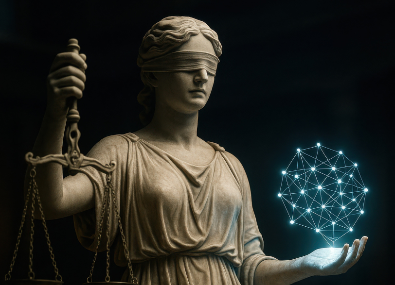 Lady justice holding a digital sphere representing e-governance